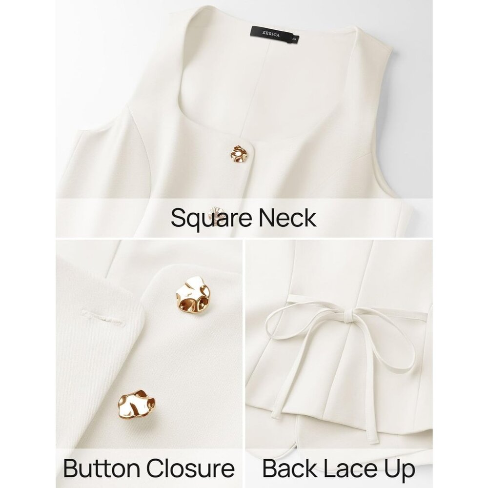 Women's White Sleeveless Suit Vest Square Neck Button Down Work Business Blazer - Picture 6 of 6